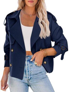 Women's Dark Blue Double Breasted Raglan Sleeve Imported Crop Trench Coat